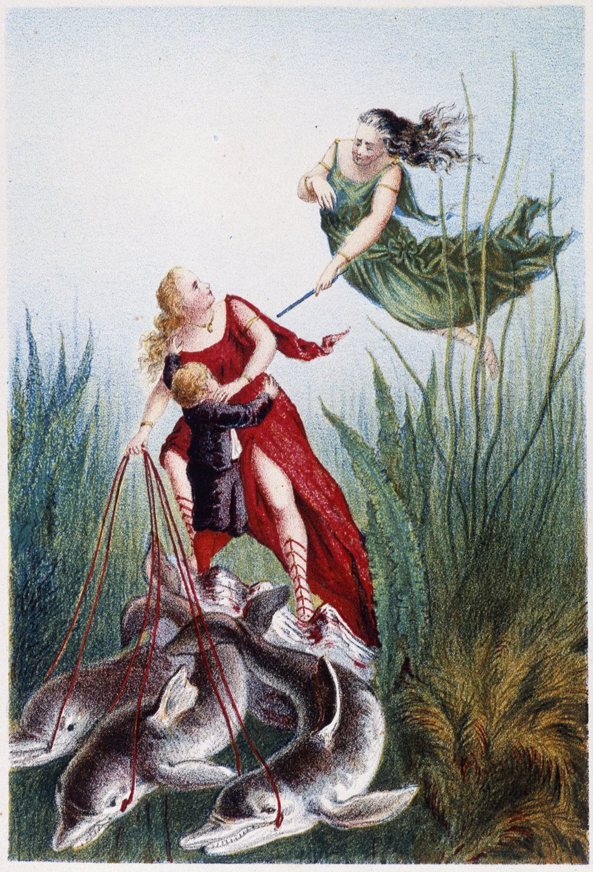 Nainen hyökkää toisen naisen ja delfiinien johtaman pojan kimppuun - H. de la Blanchèren teoksessa "Matka merenpohjaan". Pariisi, toim. Jouvet et Cie, sd. 1880. (Double 02947) tekijältä French School