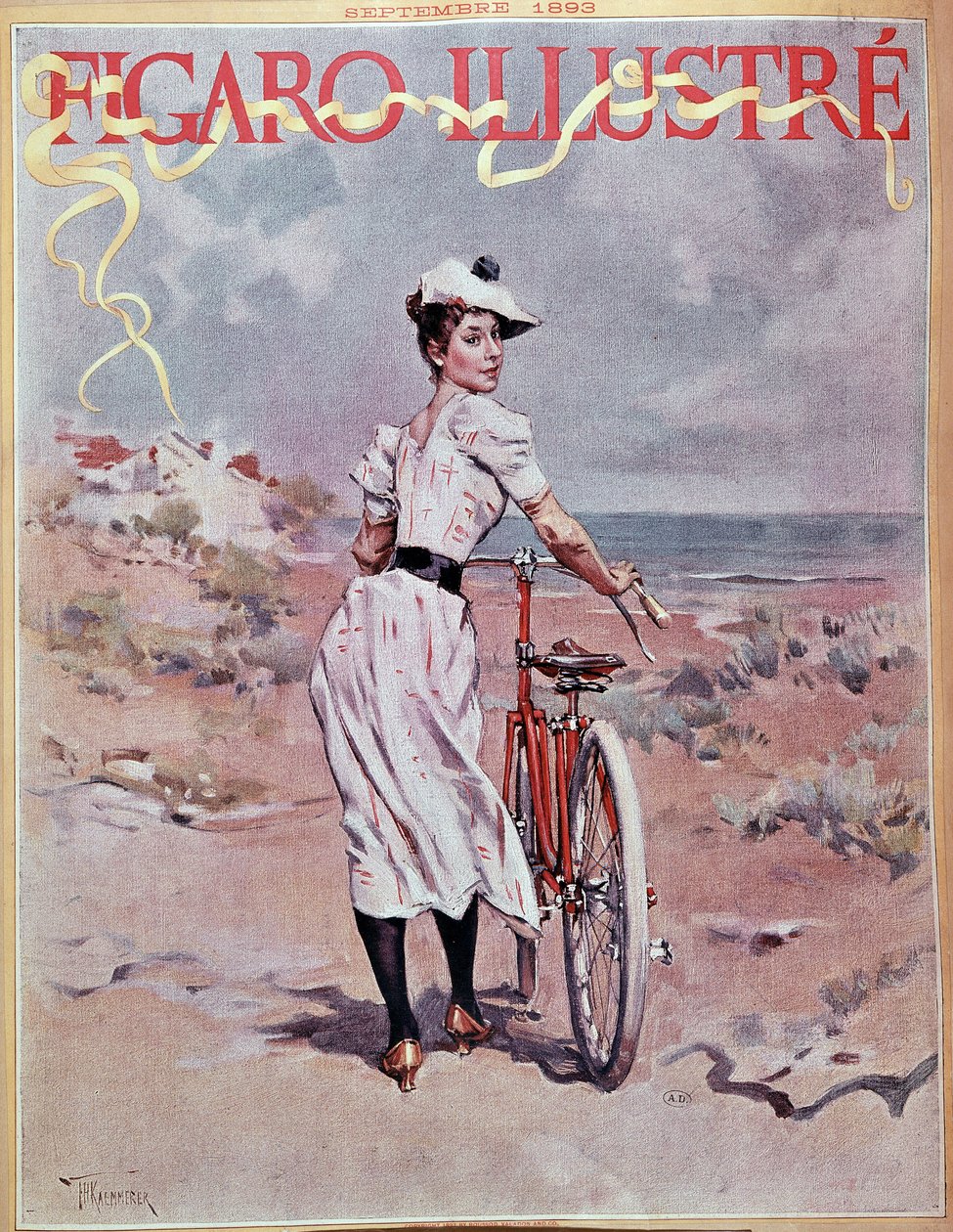 Pyörällä ajava nainen. Kansi "" Figaro kuvitettu"" tekijältä French School