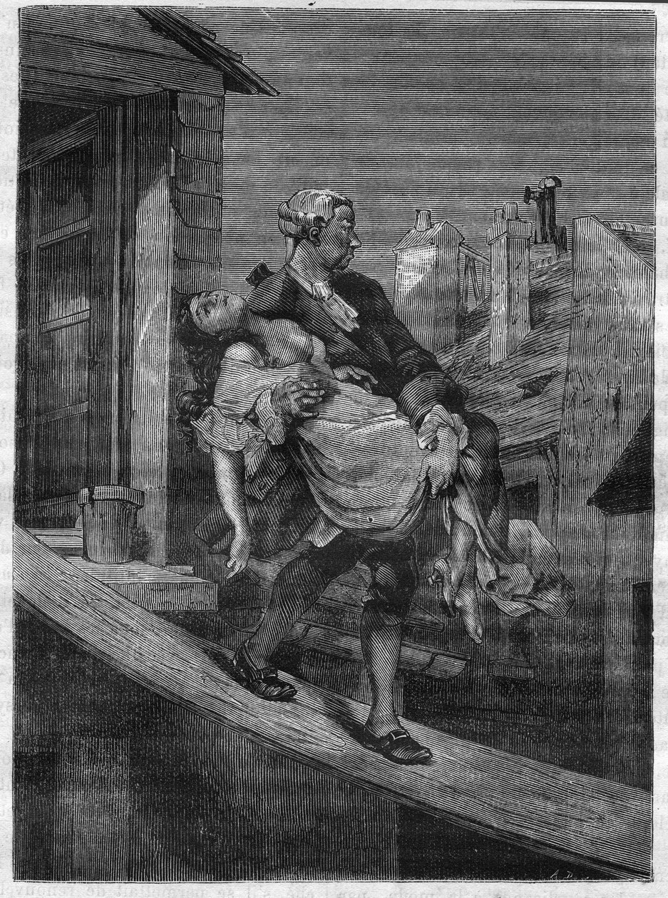 Nuori tyttö viedään kuningas Ludvig XV:n iloihin Deer Parkiin. Tohtori Th. -F. Debray. 1879. tekijältä French School