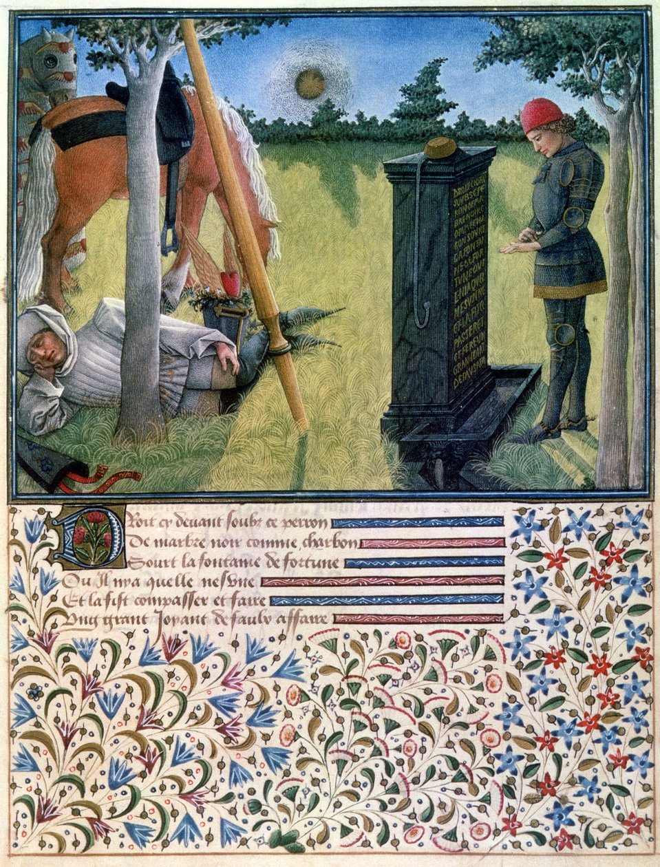Nuori ritari seisoo hautakiven edessä, kun hänen palvelijansa nukkuu heidän hevosiensa lähellä, Rene dAnjoun Livre du Coeur dAmours Espris, 1465 tekijältä French School
