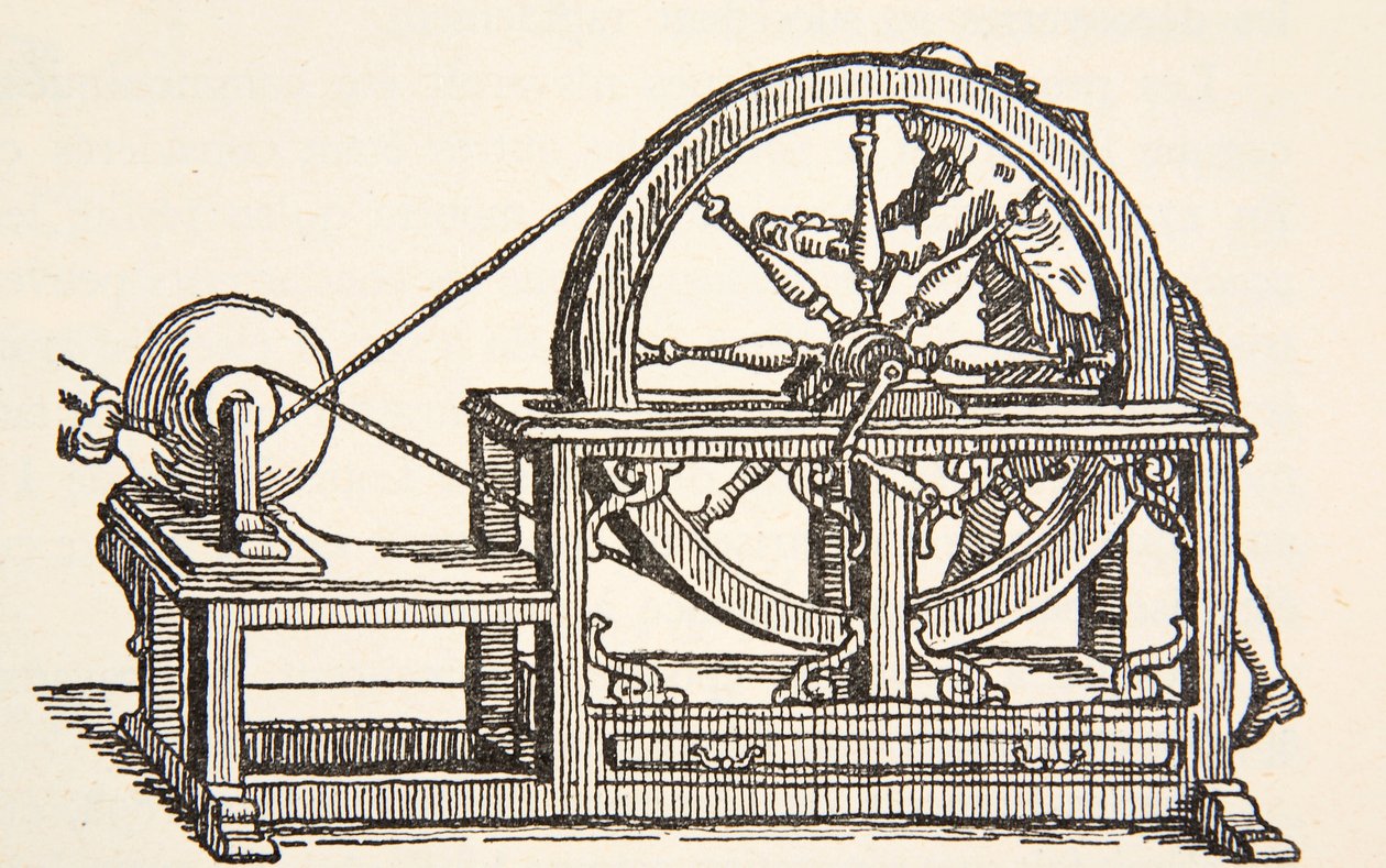Abbe Nollets sähkökone, 1746, kopio Boris Mestchersky (k.1957) kuvitus Histoire de la Nation Francaise, Sciences, Volumes I & II, kirjoittanut Gabriel Hanotaux (1853-1944), 1924 tekijältä French School