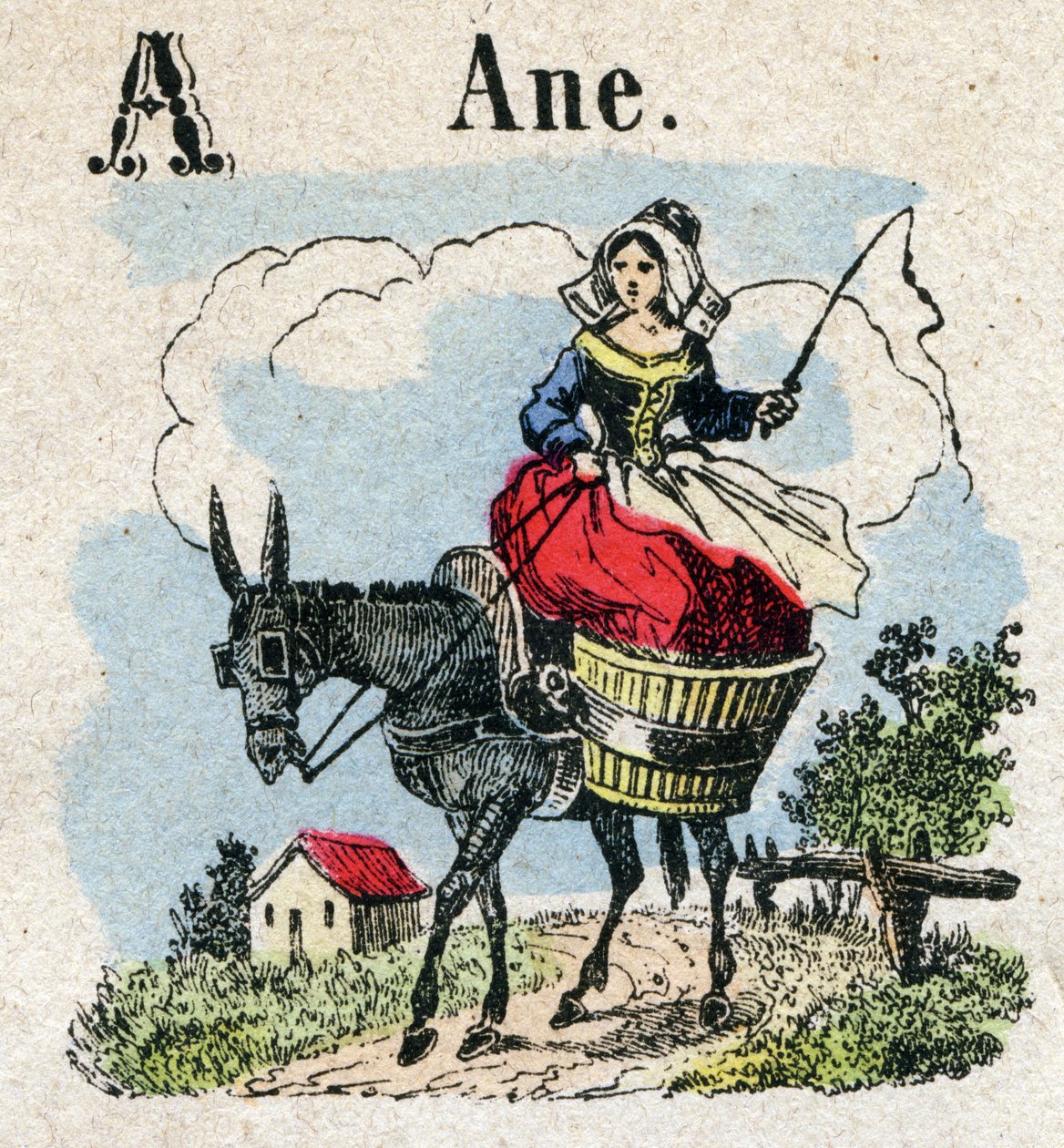 Abecedary. A-kirjain kuin aasi. Pieni tietosanakirja aakkoset, suosittu sarja. Epinaalinen kuvantaminen, 1800-luvun loppu tekijältä French School