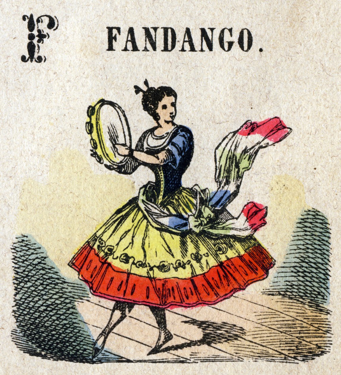 Abecedary. F-kirjain kuten Fandango. Pieni tietosanakirja aakkoset, suosittu sarja. Epinaalinen kuvantaminen, 1800-luvun loppu tekijältä French School