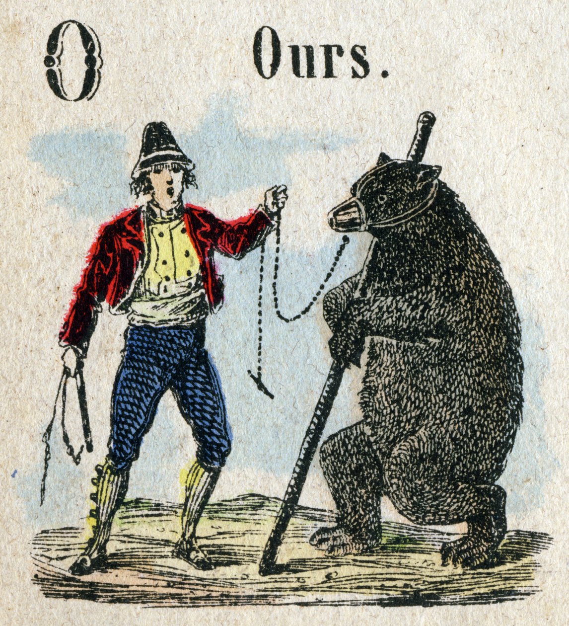Abecedary. O-kirjain kuin karhukello. Pieni tietosanakirja aakkoset, suosittu sarja. Epinaalinen kuvantaminen, 1800-luvun loppu tekijältä French School