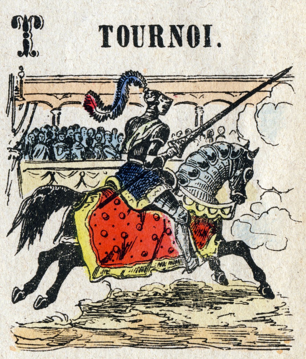 Abecedary. Kirjain T turnauksena. Pieni tietosanakirja aakkoset, suosittu sarja. Epinaalinen kuvantaminen, 1800-luvun loppu tekijältä French School