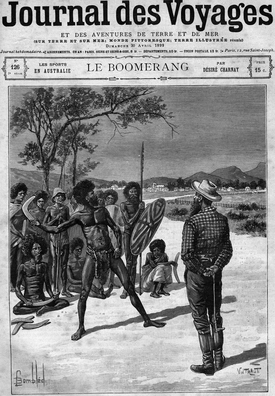 Australian aboriginaalit bumerangilla, 1800-luvun loppu. Kaiverrus "" Journal des Voyages" -lehdessä 30. huhtikuuta tekijältä French School