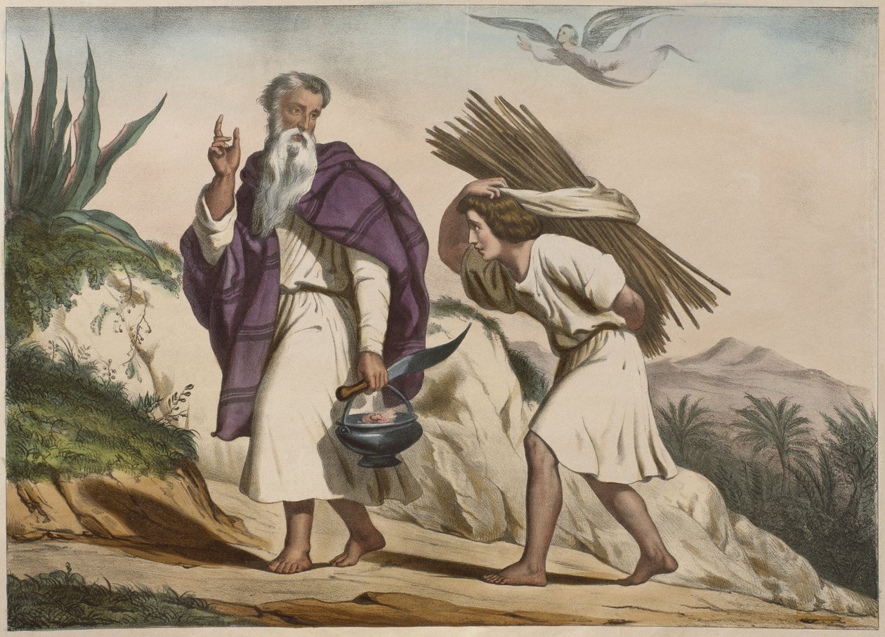 Abraham vei Iisakin Moriah-vuorelle, kuvitus katekismuksesta LHistoire Sainte, julkaisija Charles Delagrave, Pariisi tekijältä French School