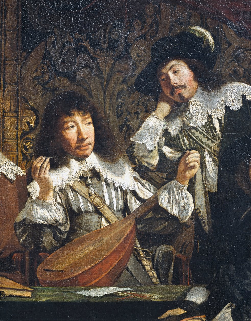 Musiikkiakatemia eli amatöörien kokous, noin 1640, tuntematon ranskalaisen koulukunnan taiteilija, yksityiskohta luutun virityksestä, öljy kankaalle tekijältä French School