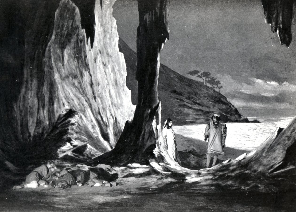 II näytös, Debussyn Pelleas et Melisande 3. kohtaus valokuvasta Pariisin Opera-Comiquen oopperan ensimmäisestä tuotannosta huhtikuussa 1902, kuvitus Theater-lehdessä, kesäkuu 1902 (l tekijältä French School
