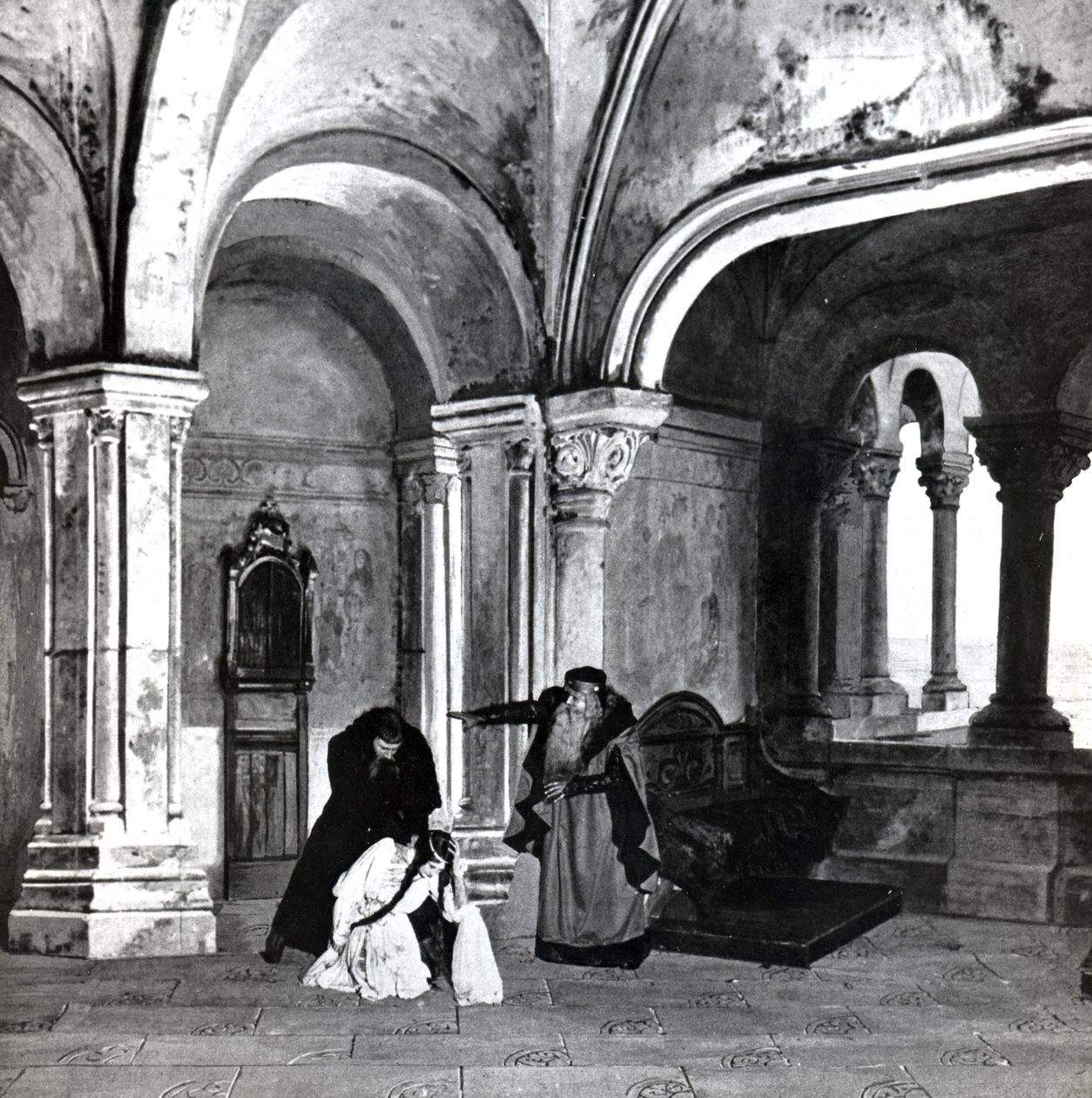 IV näytös, Debussyn Pelleas et Melisande 2. kohtaus valokuvasta Pariisin Opera-Comiquen oopperan ensimmäisestä tuotannosta huhtikuussa 1902, kuvitus Theater-lehdessä, kesäkuu 1902 (l tekijältä French School