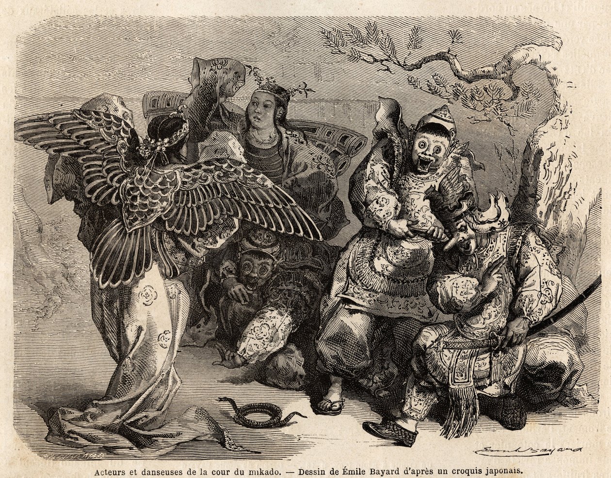 Mikadon hovin näyttelijöitä ja tanssijoita näyttämöpuvuissa. Kaiverrus, joka kuvaa Sveitsin valaliiton ministerin Aime Humbertin Japanin matkaa vuosina 1863-1864, julkaisussa "Le tour du monde, nouveau journal des voyages", joka on julkaistu Ed. tekijältä French School