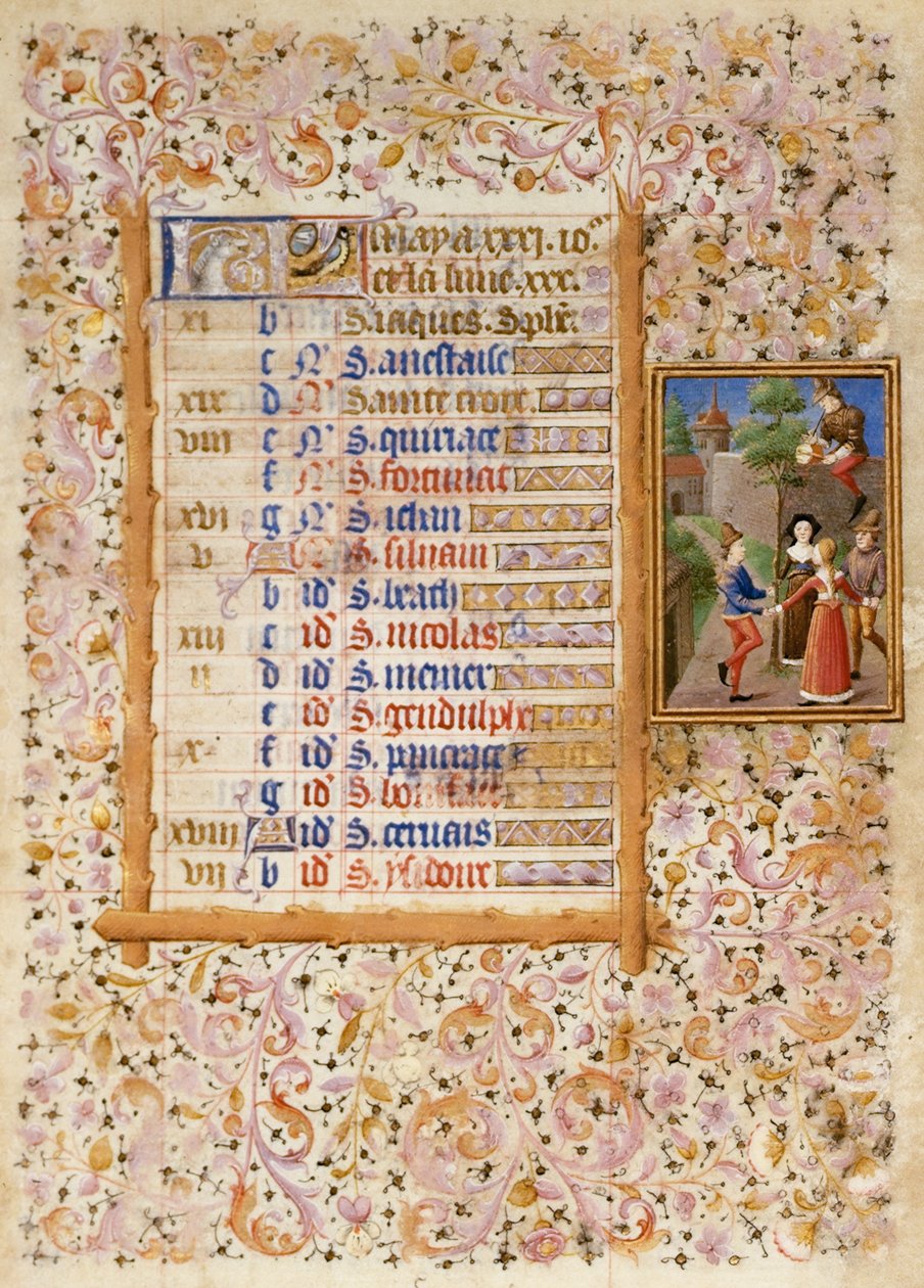 Add.25695 fol.5 Toukokuun kalenterisivu, Tuntikirjasta (vellum) tekijältä French School