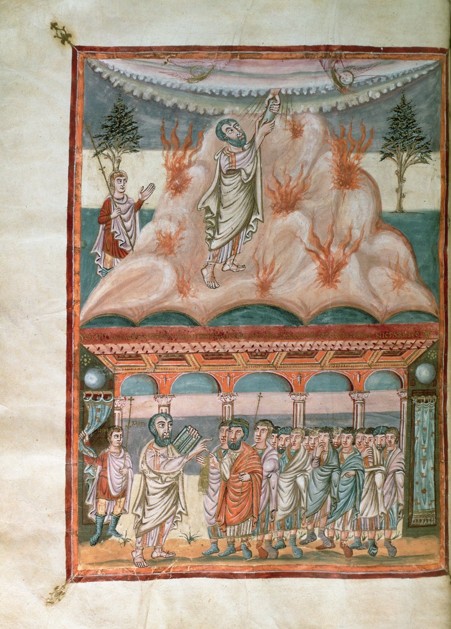 Lisää 10546 f.25b Mooses vastaanottamassa ja välittämässä Jumalan lakia Siinain vuorella Moutier-Grandvalin Raamatusta, valaistu Carolingian Abbey of St. Martin, Tours, n.834-843 (vellum) tekijältä French School