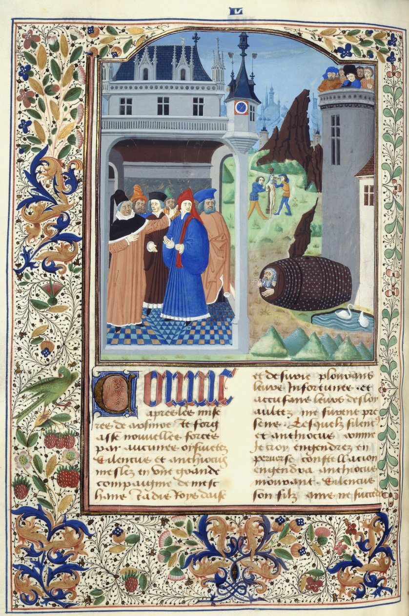 Lisätä. 11696, f.136v Boccaccio tarkkailee kidutusta, Giovanni Boccaccion teoksesta "Le Livre des Cases des Nobles et Illustres Hommes", n. 1470 (muste, väri ja kulta velumilla) tekijältä French School
