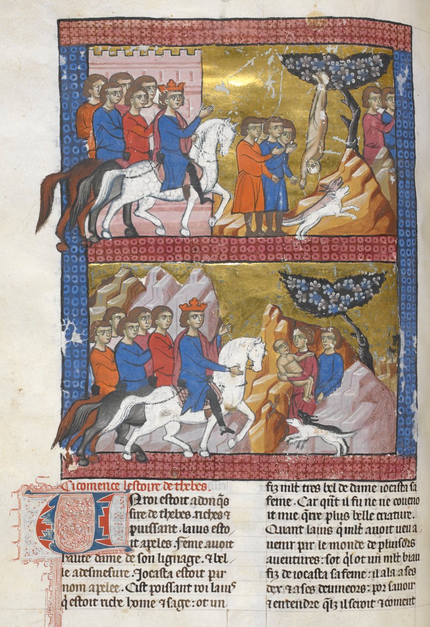 Lisätä. 15268, f.75v Oidipus, jonka löysi Polybus, Korintin kuningas, kuvitus teoksesta "Le Livre des ansienes estoires", n. 1285 (vellum) tekijältä French School