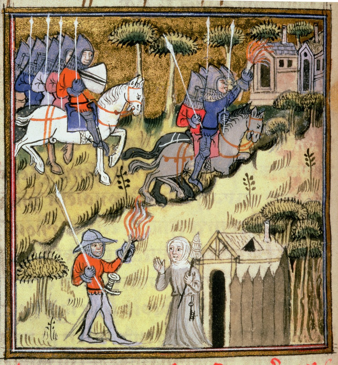 Lisää 15269 f.178v ratsuväen valaisin rakennuksiin liekeillä soihtuilla; nunna, joka suojelee luostariaan sotilaalta, n. 1380 tekijältä French School