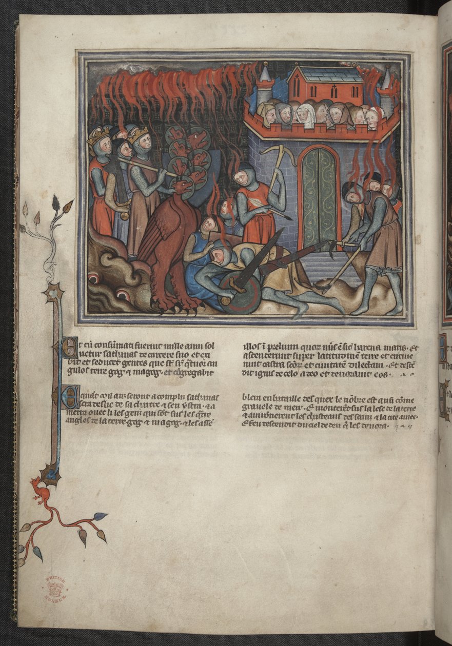 Lisää 17333, f.42v, Miniatyyri taivaan armeijoista taistelemassa lohikäärmettä vastaan (Ilm. XIX:19-20), Apokalypsista ("Val-Dieu Apocalypse"), n.1320-30 (pergamentti) tekijältä French School