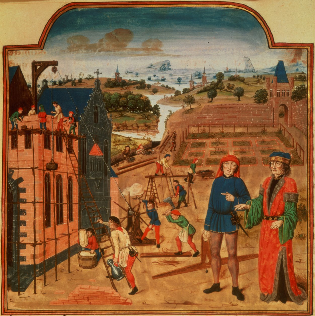 Lisää 19720 f.27 Puutarhatalon rakentaminen, jossa on muodollinen puutarha ja maisema taustalla, Livre des Prouffits Champetres et Ruraulx, Pietro de Crescenzi (1230-1320/1) (vellum) tekijältä French School