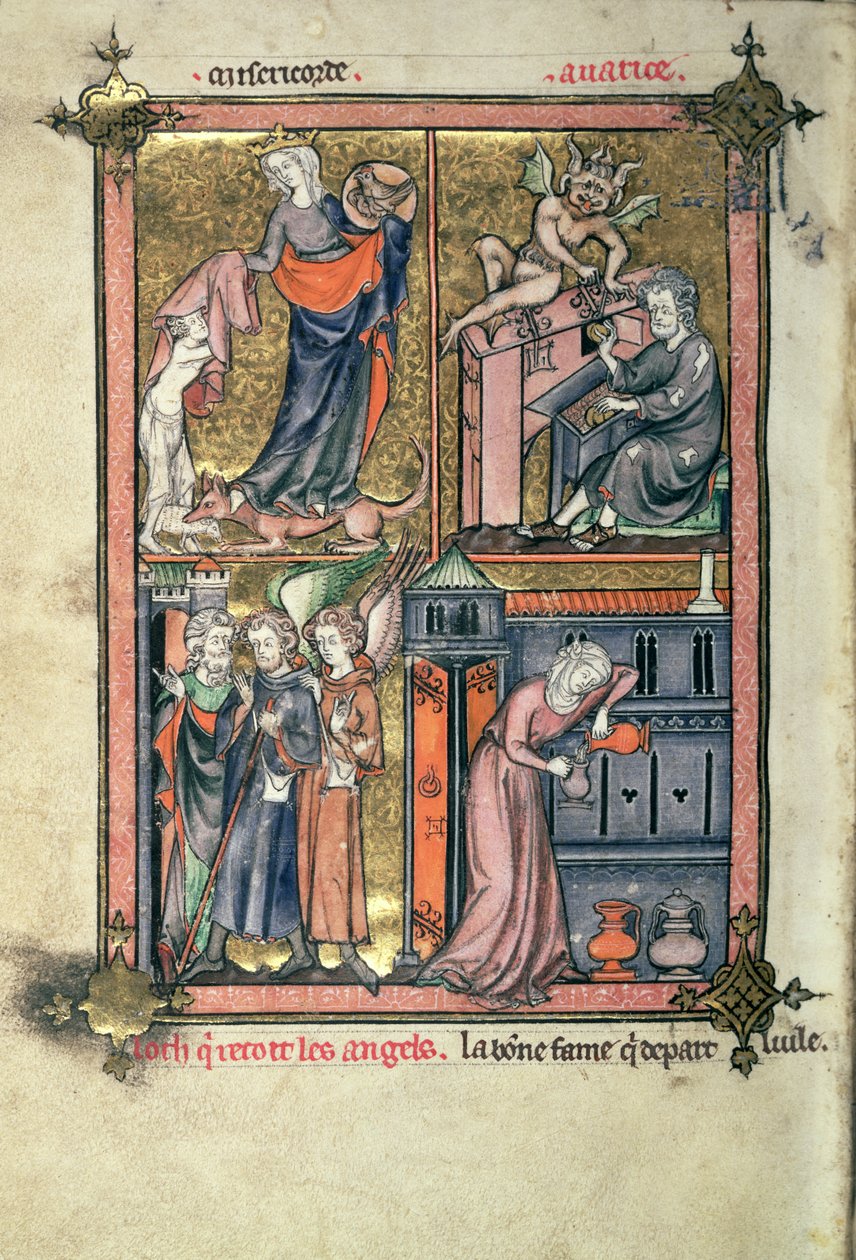 Lisää 54180 f.136b Armo ja ahneus, Loot ja enkelit; Leski ja hänen öljynsä, Frere Laurentin teoksesta "La Somme le Roy", valaisi Maitre Honore (vellum) tekijältä French School
