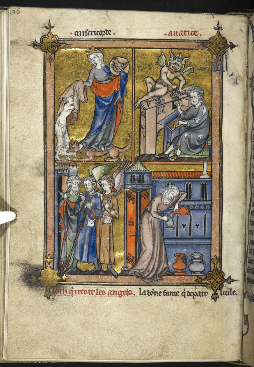 Lisätä. 54180, f. 136v, Miniatyyri enkeleillä pyhiinvaelluspuvussa, Laurent d