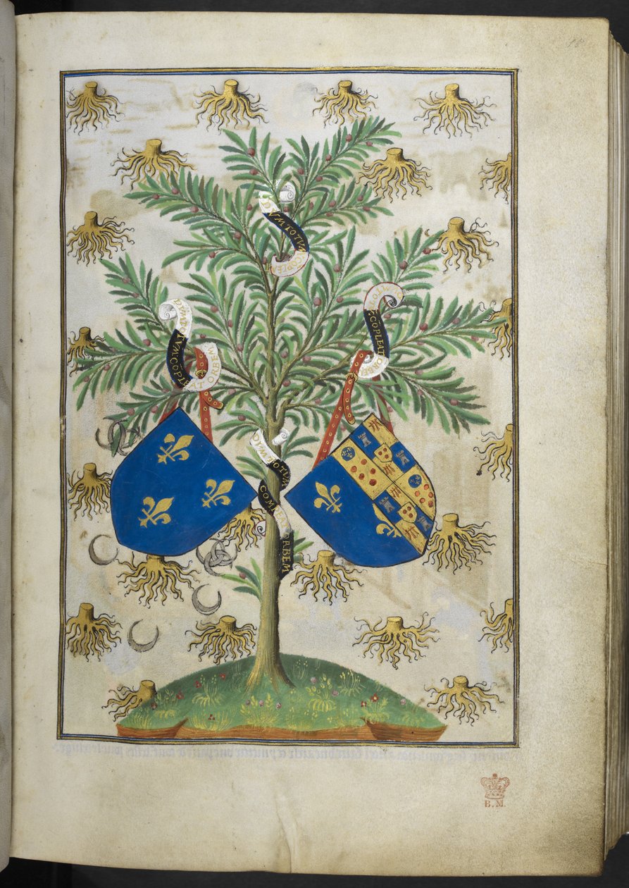 Lisää Ms 18850 f.15r Armorial -sivu, kirjasta Book of Hours (The Bedford Hours) n. 1410-30 (muste, väri ja kulta velumilla) tekijältä French School