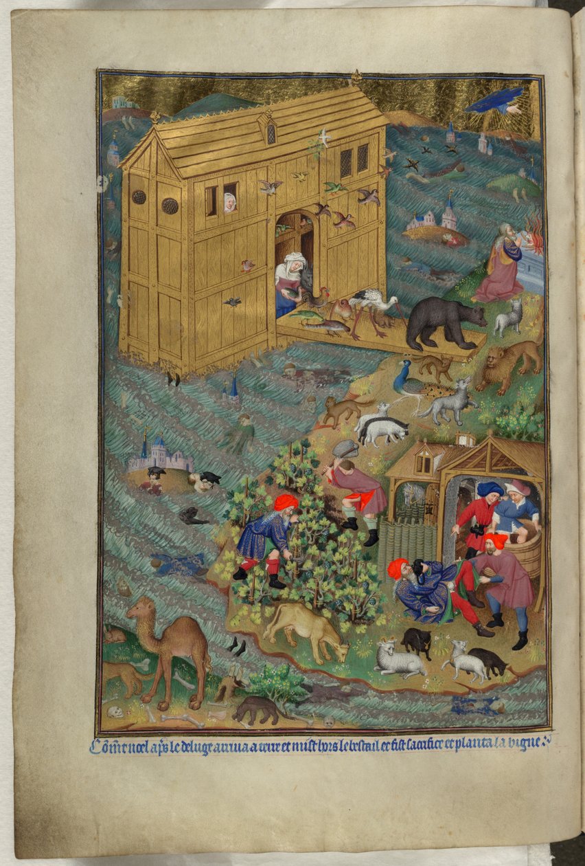Lisää Ms 18850 f.16v, The Exit from the Ark, kirjasta Book of Hours (The Bedford Hours) n. 1410-30 (muste, väri ja kulta velumilla) tekijältä French School