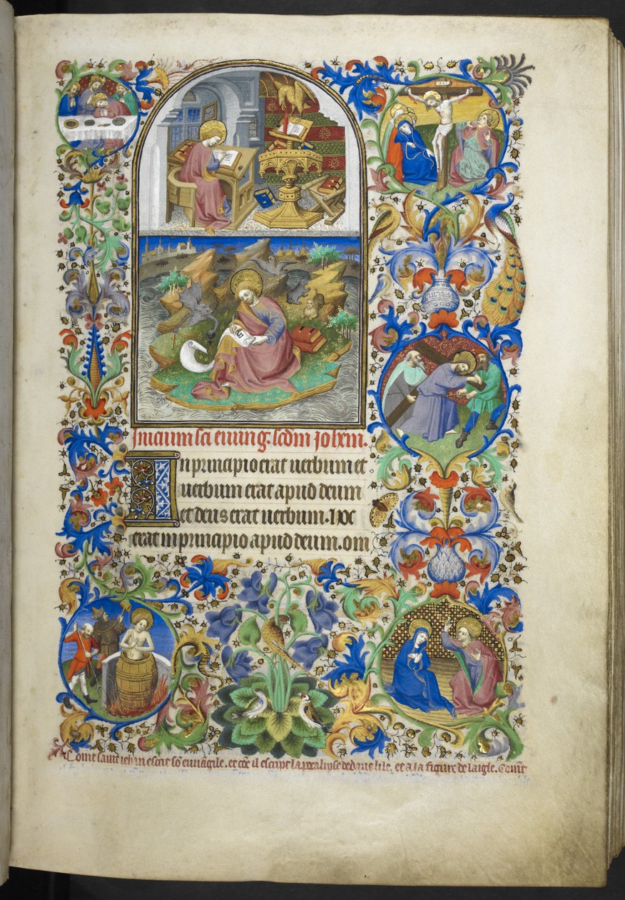 Lisää Ms 18850 f.19r evankeliumin otteita, mukaan lukien otteita Johanneksen, Luukkaan, Matteuksen ja Markuksen kirjoituksista, Book of Hours (The Bedford Hours) n. 1410-30 (muste, väri ja kulta vellum) tekijältä French School