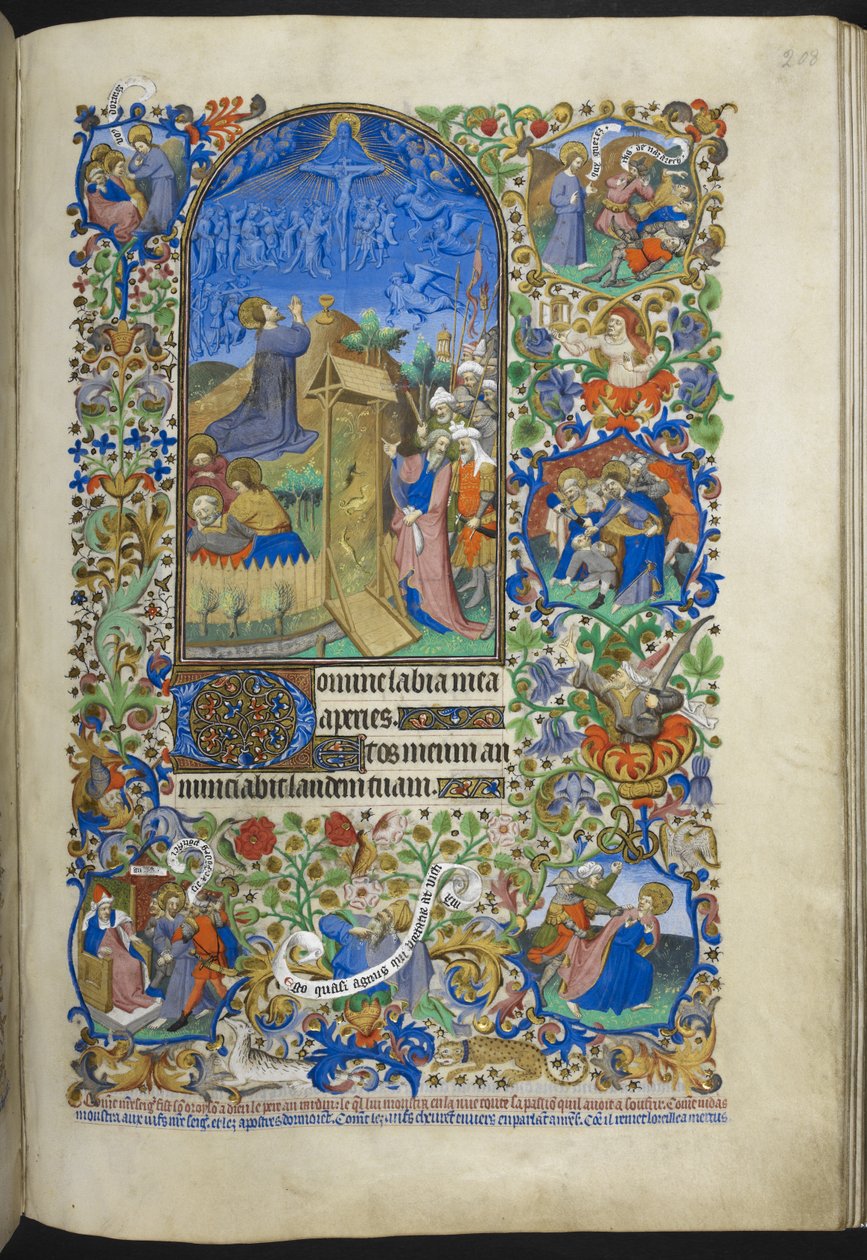 Lisää Ms 18850 f.208r, Hours of the Passion: Agony in the Garden, lisäkohtauksia reunuksella, kirjasta Book of Hours (The Bedford Hours) n. 1410-30 (mustetta, väriä ja kultaa velumilla) tekijältä French School