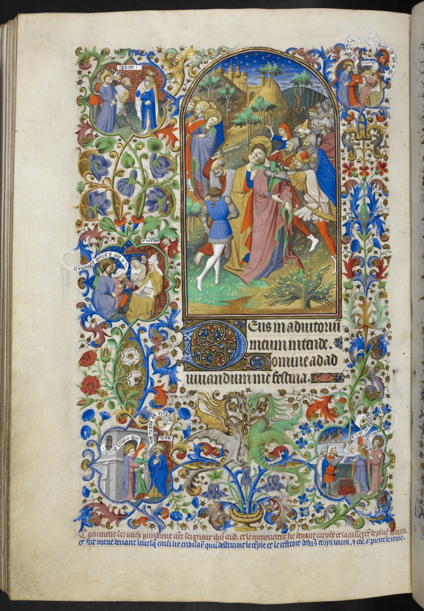 Lisää Ms 18850 f.221v, Hours of the Passion [Lauds]. Kristuksen pettäminen, kirjasta Book of Hours (The Bedford Hours) n. 1410-30 (mustetta, väriä ja kultaa perunakalvolla) tekijältä French School
