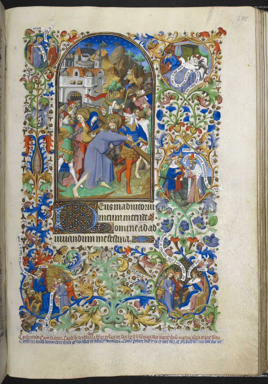 Lisää Ms 18850 f.235r, Hours of the Passion [Sext], Kristus kantaa ristiä, Book of Hoursista (The Bedford Hours) n. 1410-30 (muste, väri ja kulta velumilla) tekijältä French School