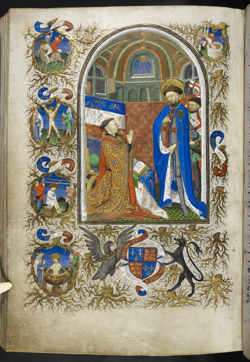 Lisää Ms 18850 f.256v, Duke of Bedford ennen St Georgea, kirjasta Book of Hours (The Bedford Hours) n. 1410-30 (muste, väri ja kulta velumilla) tekijältä French School