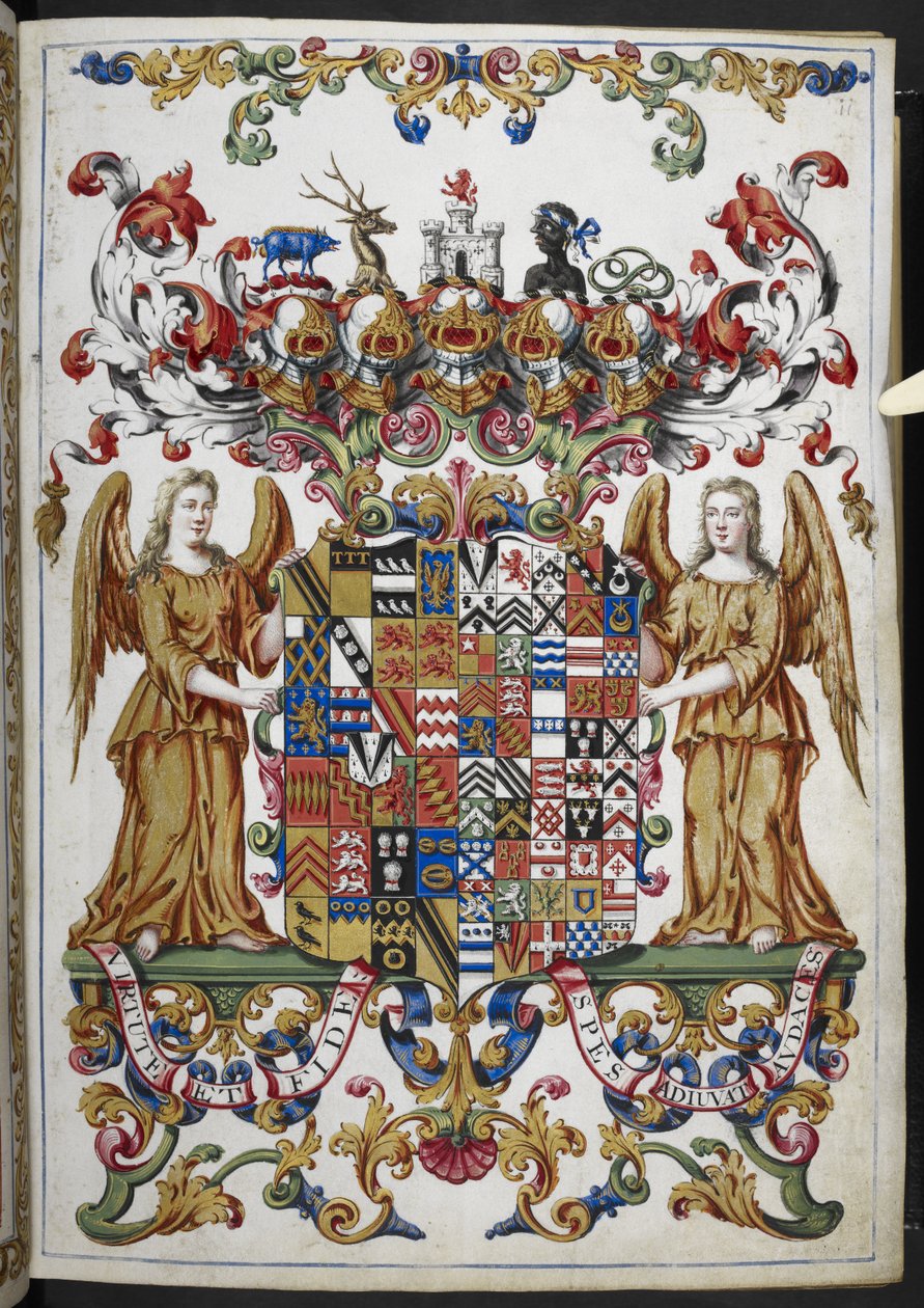 Lisää Ms 18850 f.s008r vaakuna Book of Hoursista (The Bedford Hours) n. 1410-30 (muste, väri ja kulta velumilla) tekijältä French School