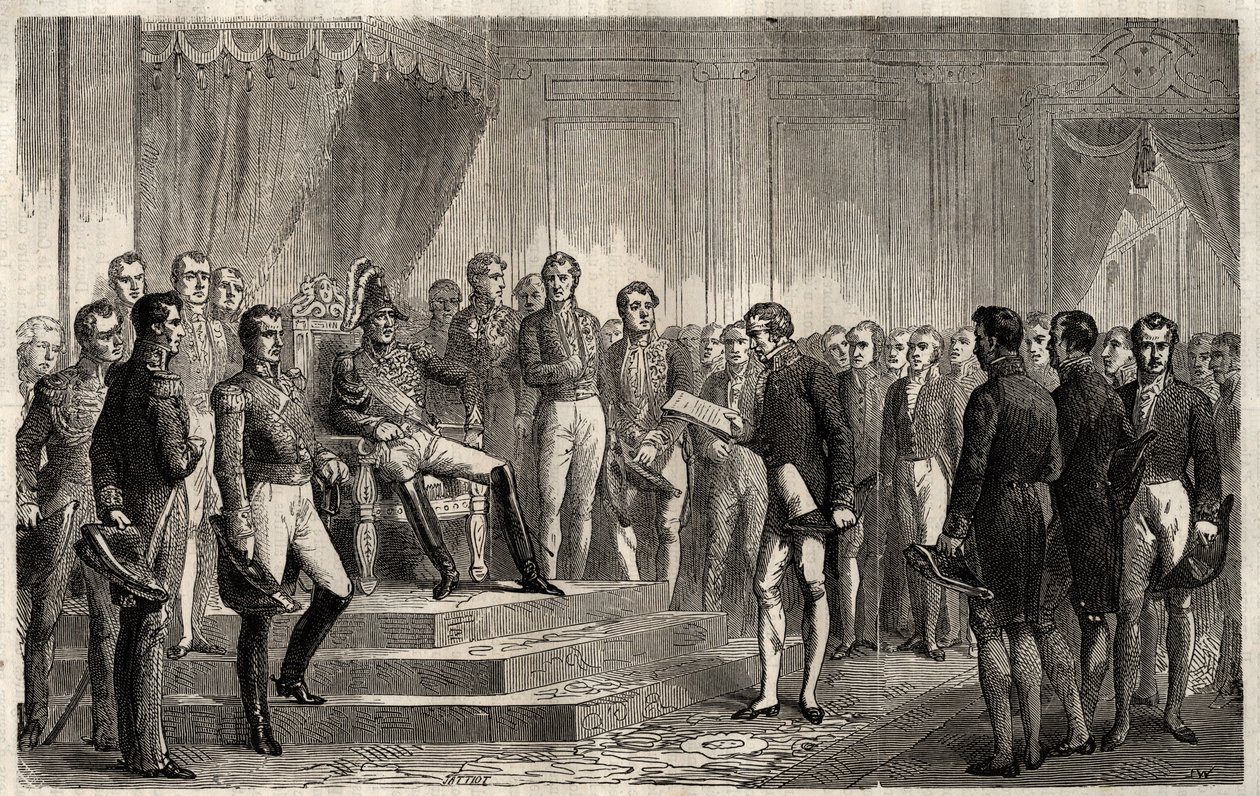221:n puhe - Liberaali valtiomies Roy- Collard esittelee Address du 221 - Pierre Paul Royer-Collard lukemassa Ranskan kuninkaalle Charles X 221:n puhetta protestoidakseen valtaa vastaan vuonna 1830 - Pierre Paul Royer Collard (1763-1845) (Royer- kaulus) pr tekijältä French School