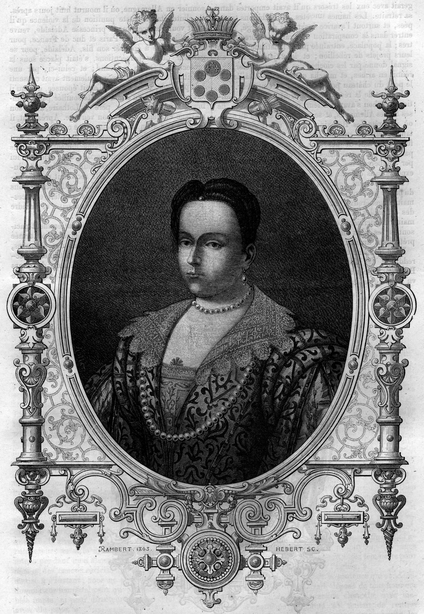 Adelaide Burgundiasta (931-999), Lothairen leski (Pariisin kreivi ja Ranskan herttua) ja Othon I Suuren toinen vaimo. Maurice Lachatren kaiverrus "Histoire des Papes-Rois-Queen and Empereurs a travers les centuries" tekijältä French School