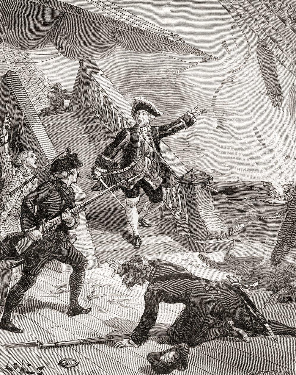 Amiraali Suffren Intian valtamerellä Englantia vastaan käymänsä sotaretken aikana 1700-luvulla, lähteestä "Histoire de France", julkaistu noin vuonna 1880 (kaiverrus). tekijältä French School