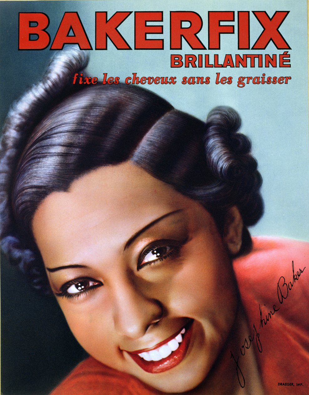 Mainos Bakerfix-hiusbrilliantiinista, mukana Josephine Baker (1906-75) tekijältä French School