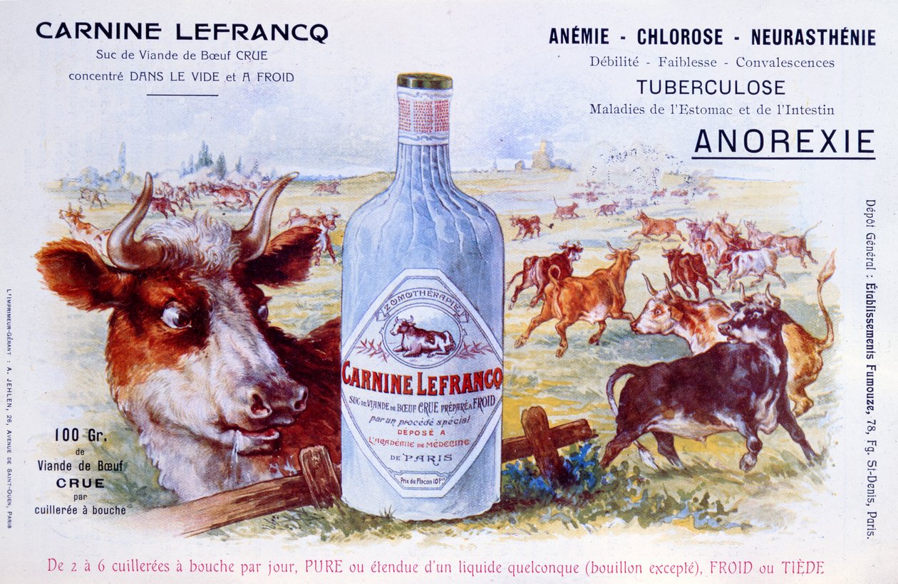 Carnine Lefrancqin mainos, julkaistu lääketieteellisessä lehdessä Chanteclair, 1900-luvun alku tekijältä French School