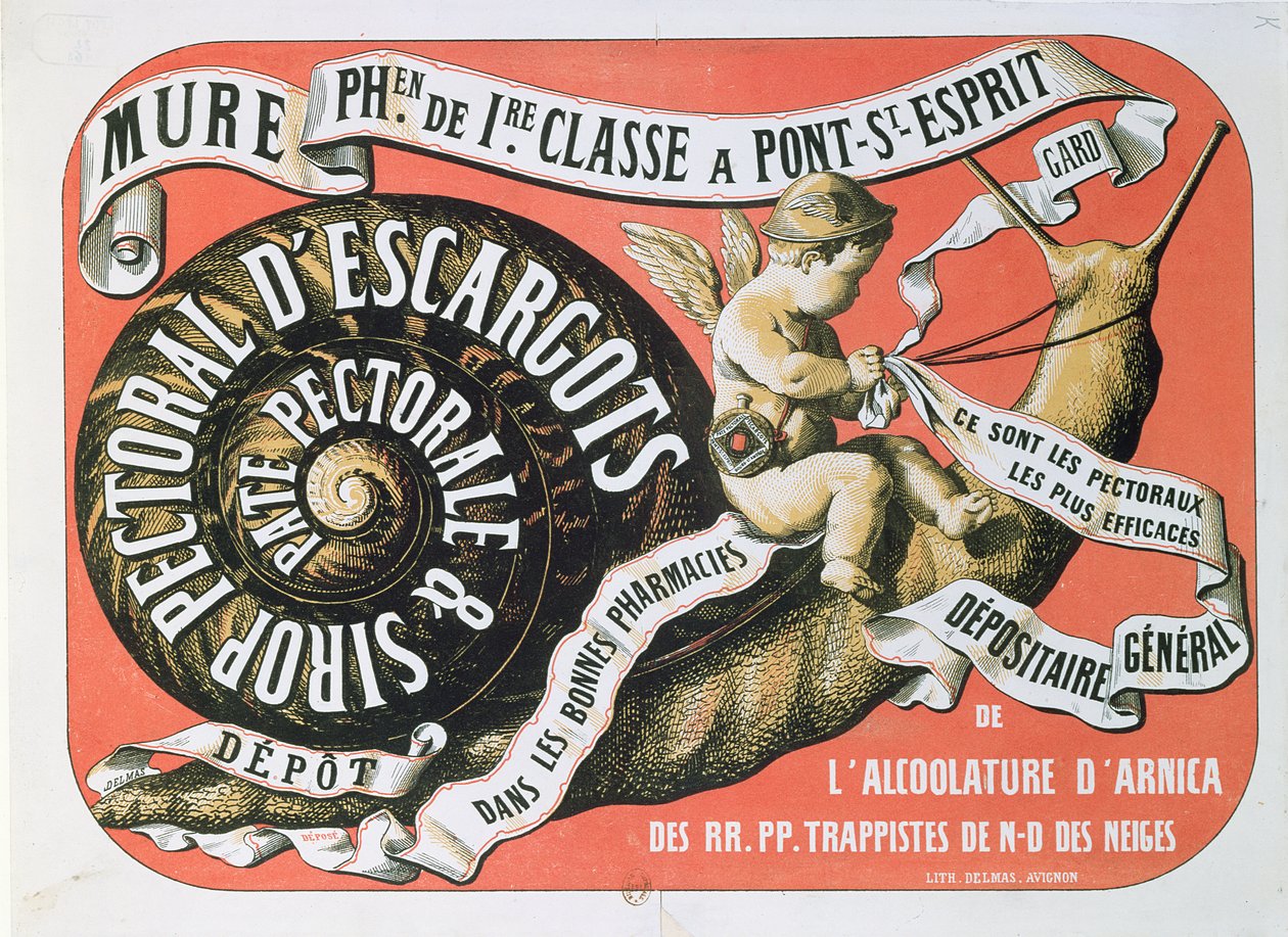 Mainos Chest Syrup Sirop Pectoral dEscargotsista, n. 1860 tekijältä French School