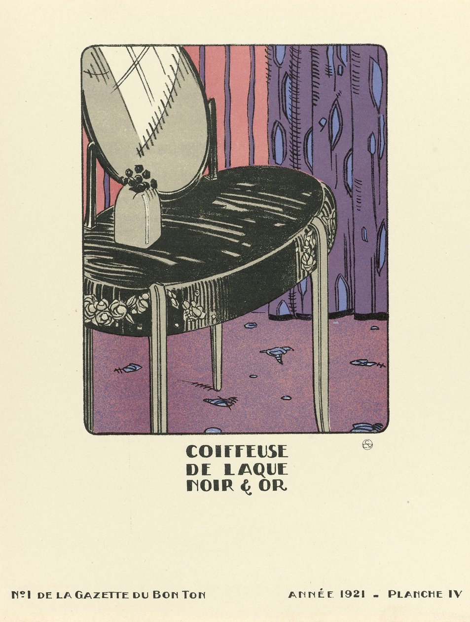 Mainos "Coiffeuse de Laque Noir  Or", pub.1921 (sabluunapainatus). tekijältä French School