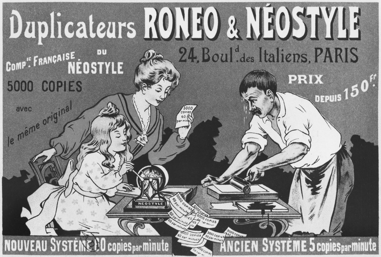 Mainos Romeo- ja Neostyle-kopiokoneista, n. 1903-04 tekijältä French School