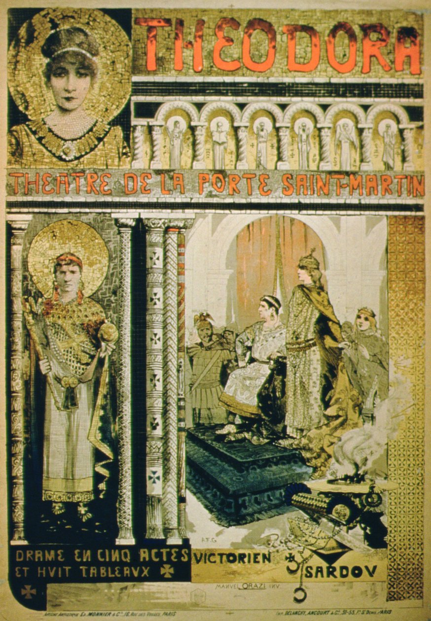 Mainos Victorien Sardoun teokselle "Theodora" Theater de La Porte Saint-Martinissa, Pariisissa (värilitho) tekijältä French School
