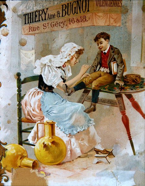 Mainos Thiery & Bugnot -ompelulangasta, 1800-luvun loppu (värilitho) tekijältä French School