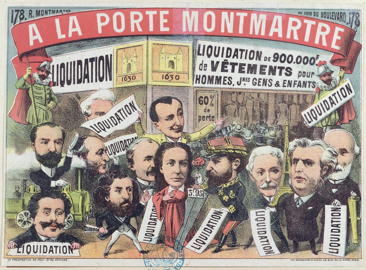 Ilmoitus vaatemyynnistä Pariisin tavaratalossa La Porte Montmartre, n. 1880 tekijältä French School