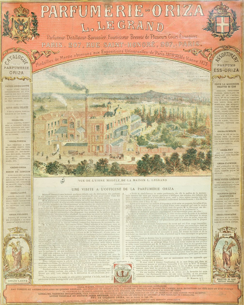 Parfumerie Oriza L. Legrandin mainos, n. 1884 tekijältä French School
