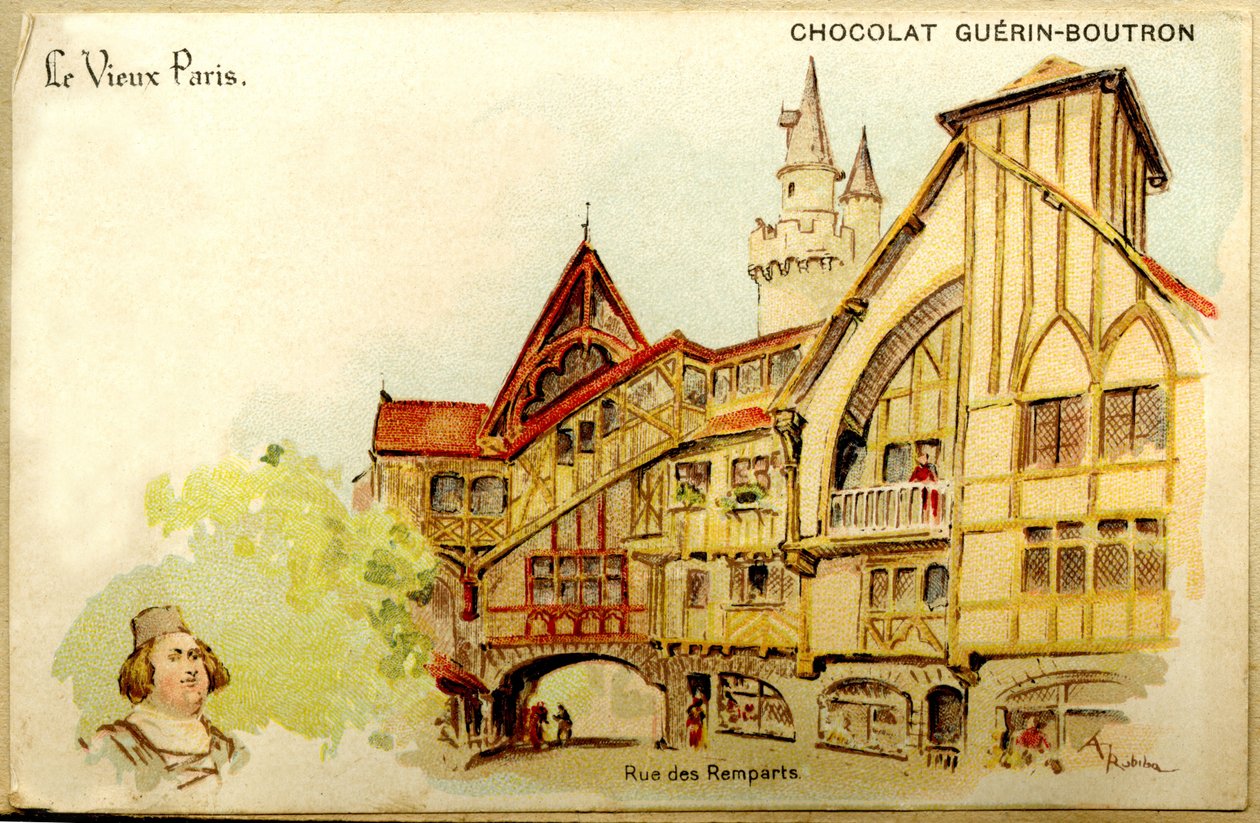 Mainonta suklaan kromolitografia Guerin Boutron, The Old Paris, Rue des Remparts tekijältä French School
