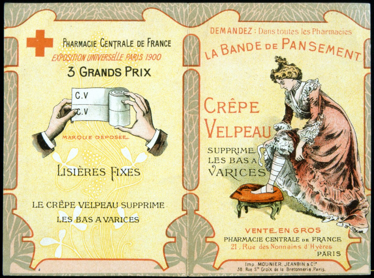 Mainoskortti "" Velpeau Crepe Dressing Band poistaa suonikohjut sukat"". Sd. 1800-luvulla. tekijältä French School