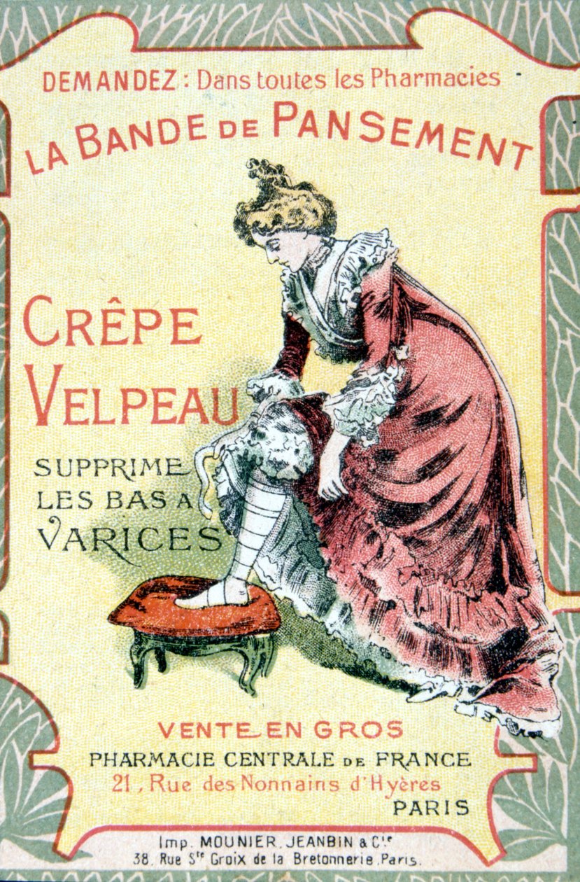 Mainoskortti "" Velpeau Crepe Dressing Band poistaa suonikohjut sukat"". Sd. 1800-luvulla. tekijältä French School