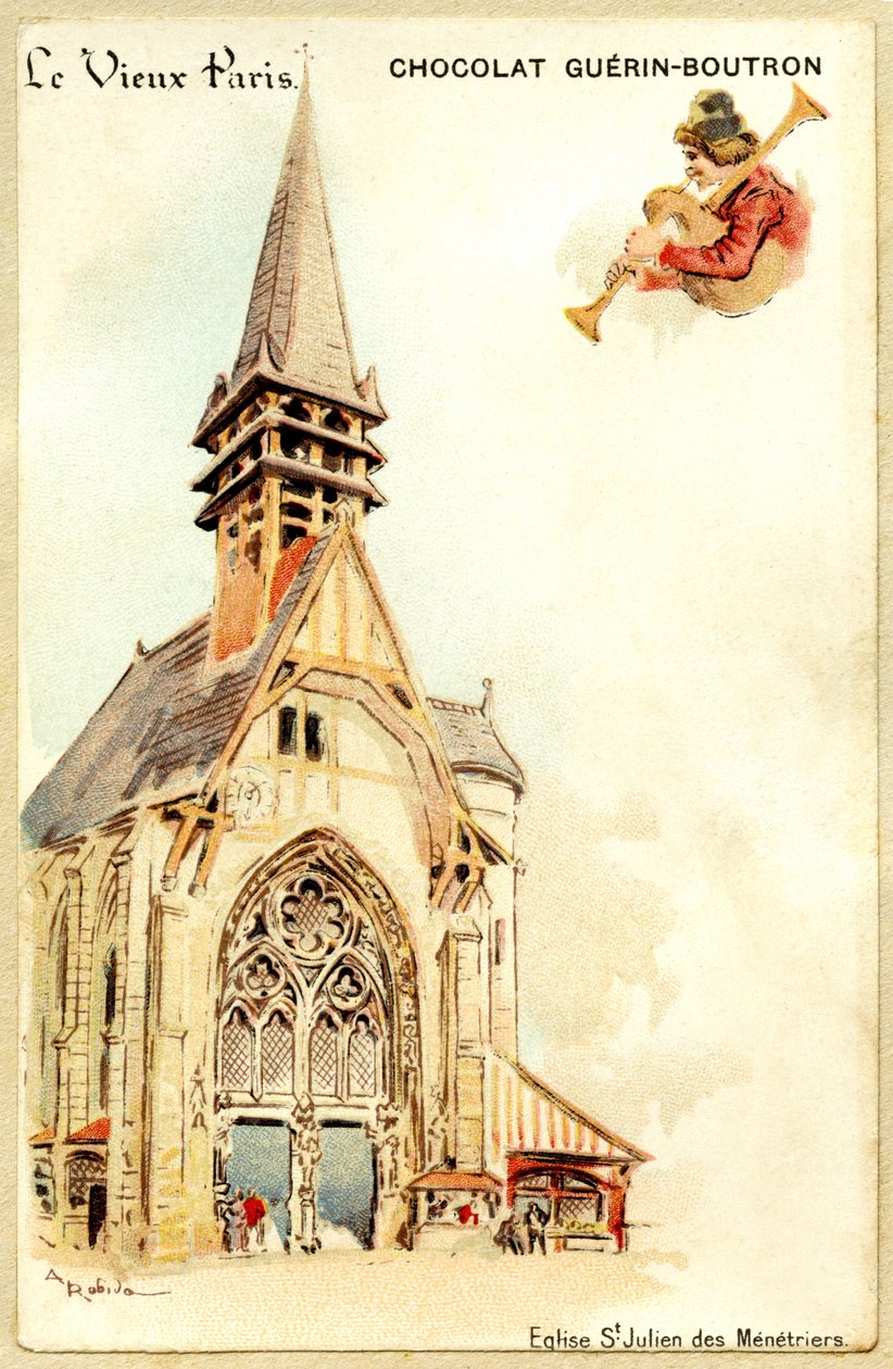 Mainoskromolitografia Guerin Boutron -suklaatista, LE VIEUX PARIS, Saint Julien des Menetriersin kirkko tekijältä French School