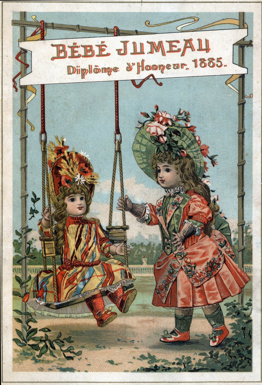 Twin-talon kaksoisnukkeja koskeva mainonta vuonna 1885. (Maailman ensimmäinen valmistus Beaux Bebesin valmistukseen). tekijältä French School