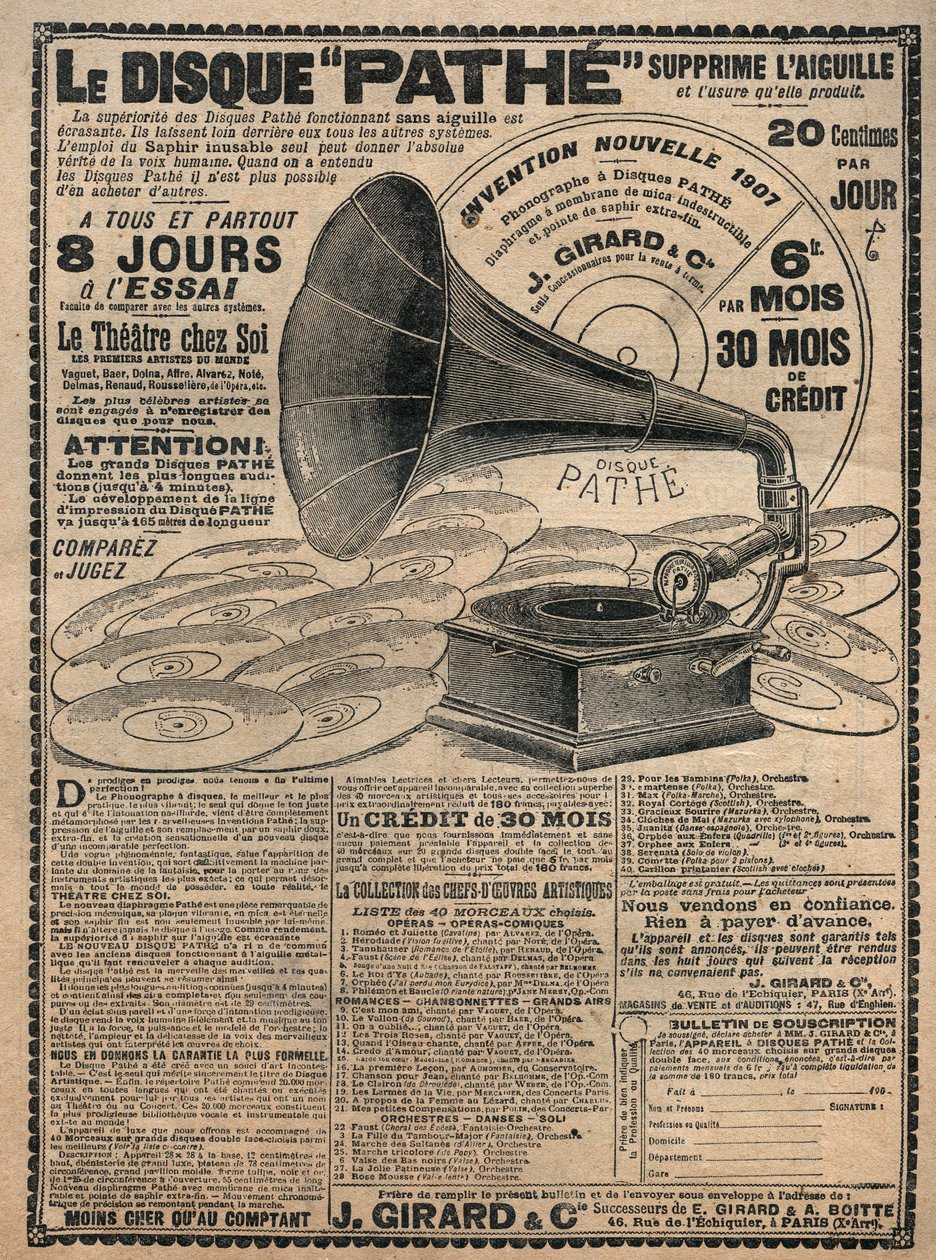 Mainonta fonografeille "" Pathe"" 1907 - Le disque pate - tekijältä French School